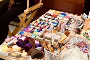 Professional face painting setup with colorful paints, brushes and supplies for kids’ parties and events in Toronto by Hello Event.